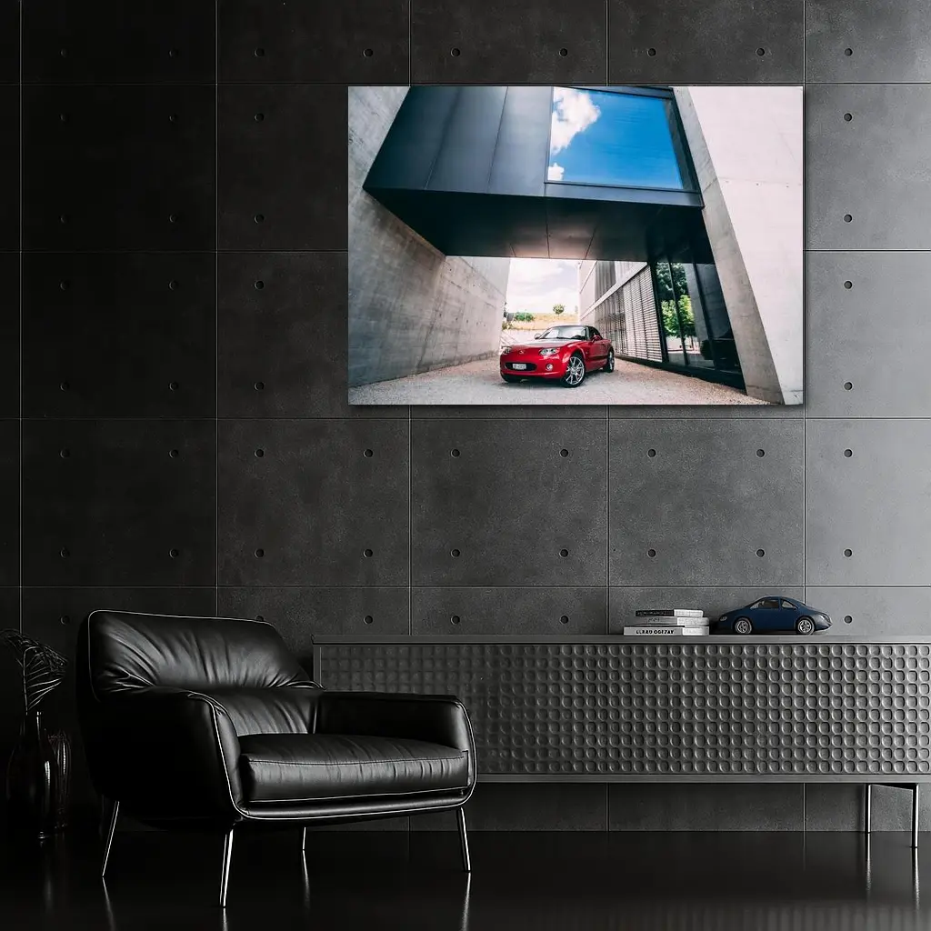Red Mazda MX-5 Parked Under Modern Architecture – Wall Art