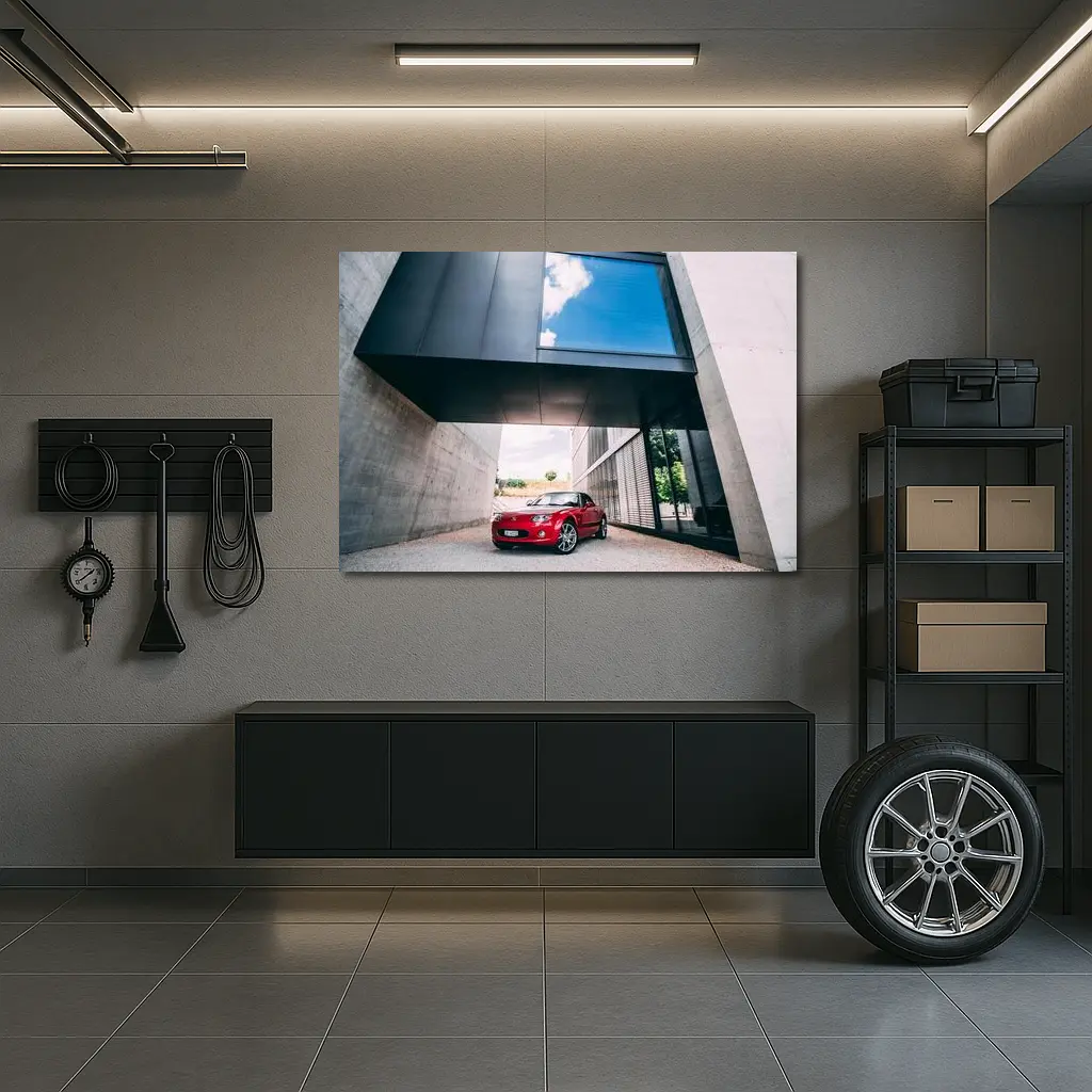Red Mazda MX-5 Parked Under Modern Architecture – Wall Art