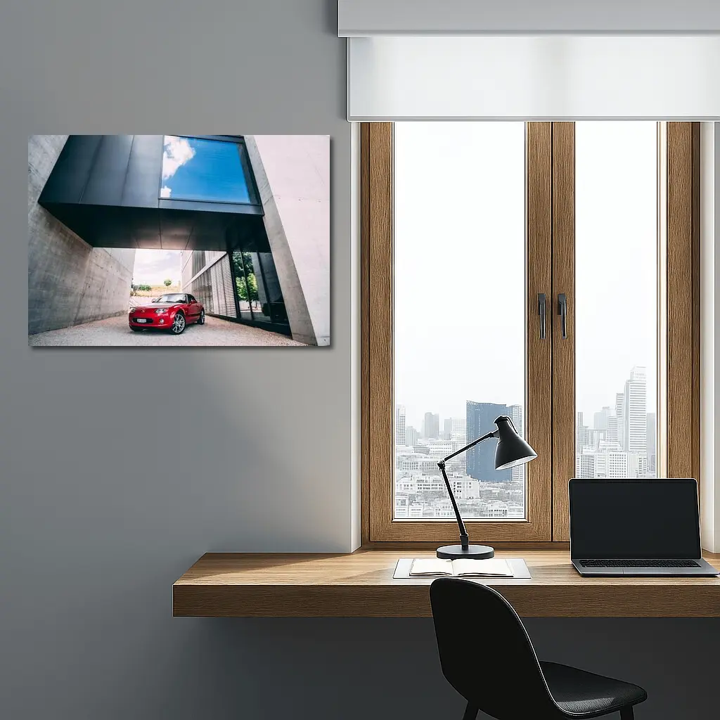 Red Mazda MX-5 Parked Under Modern Architecture – Wall Art