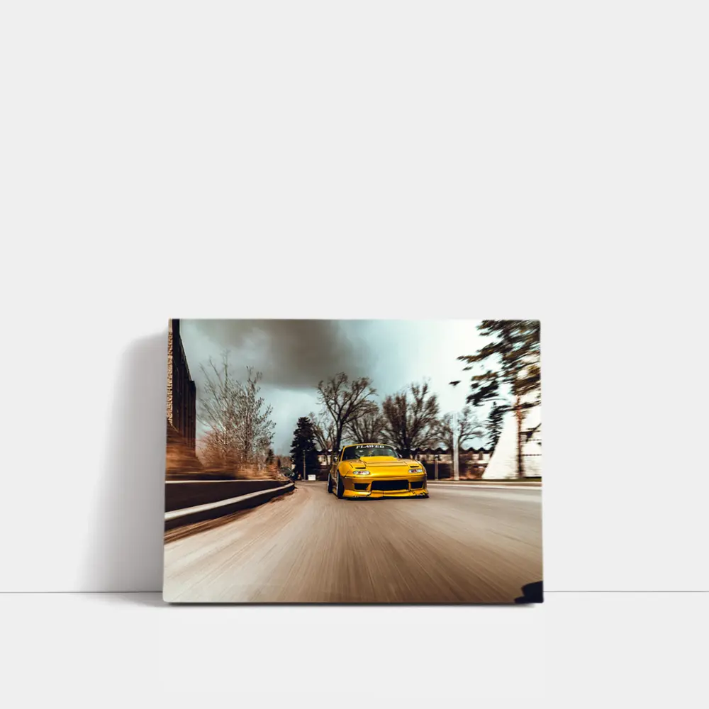 Yellow Mazda RX-7 Racing Through City Street – Wall Art