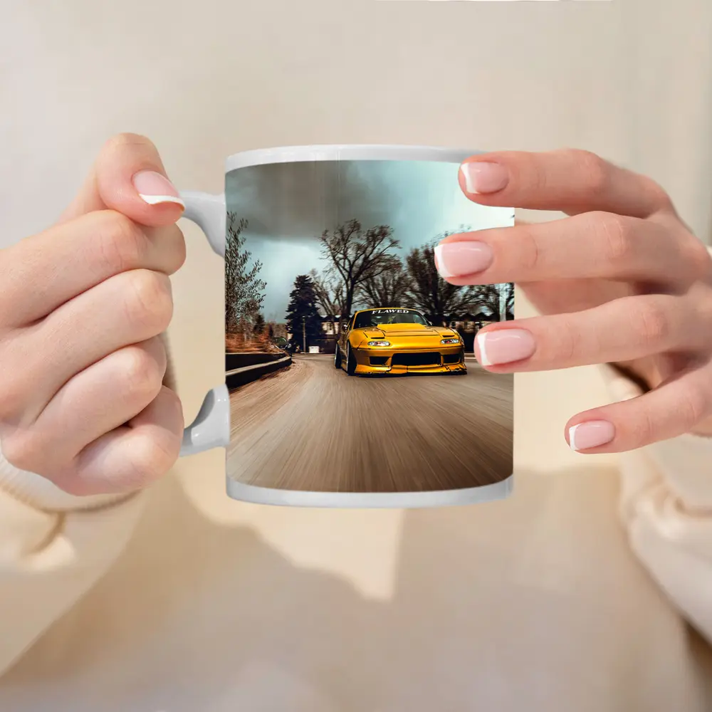 Yellow Mazda RX-7 Racing Through City Street – Mugs