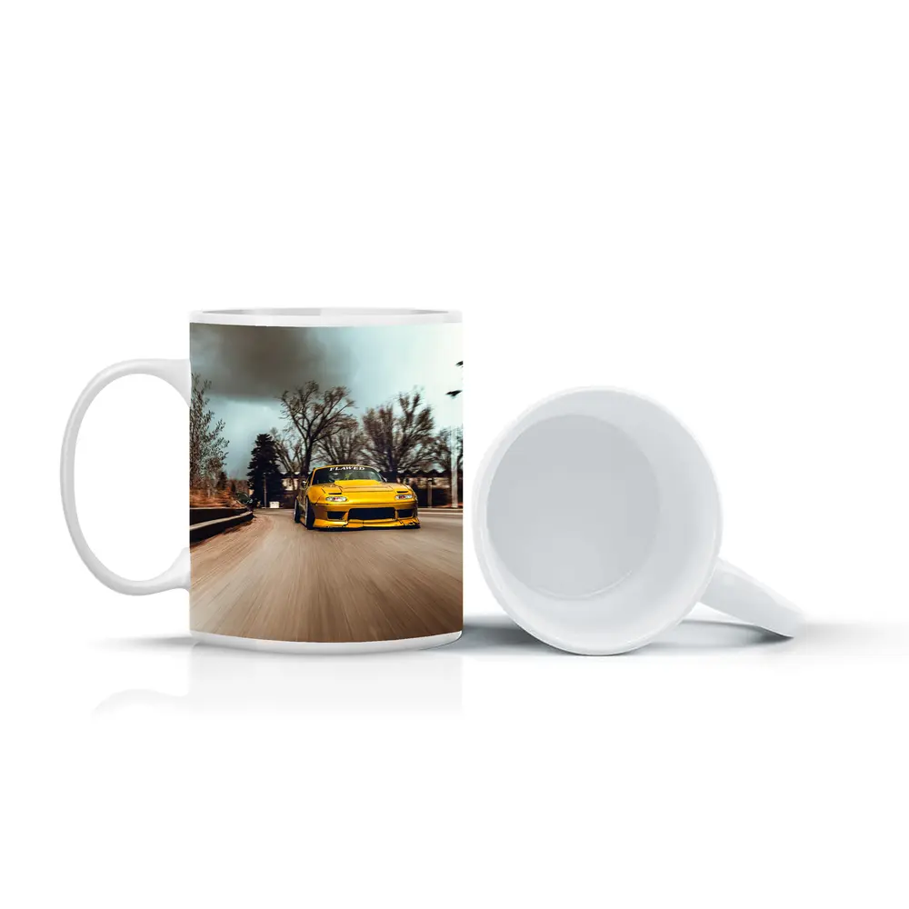 Yellow Mazda RX-7 Racing Through City Street – Mugs