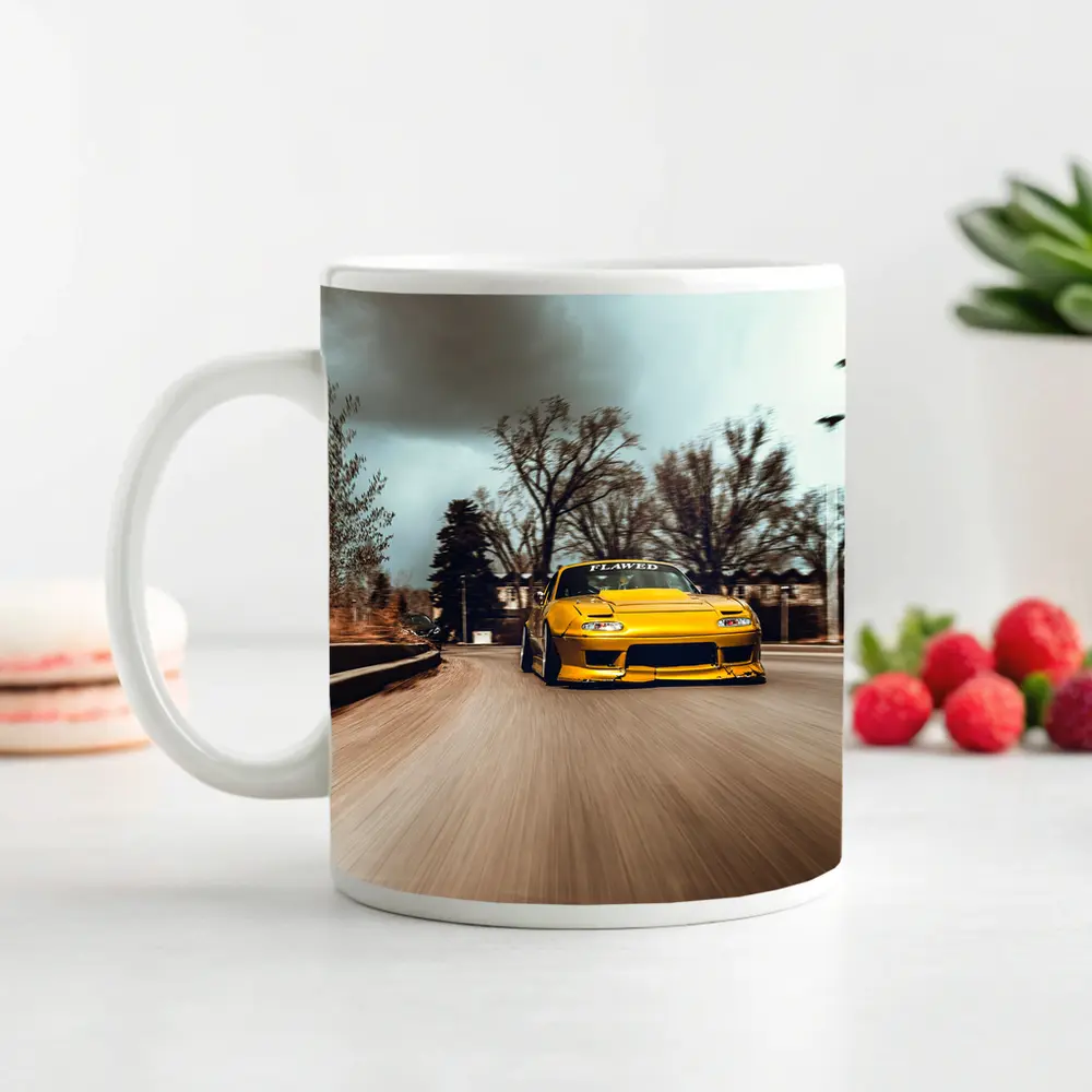 Yellow Mazda RX-7 Racing Through City Street – Mugs