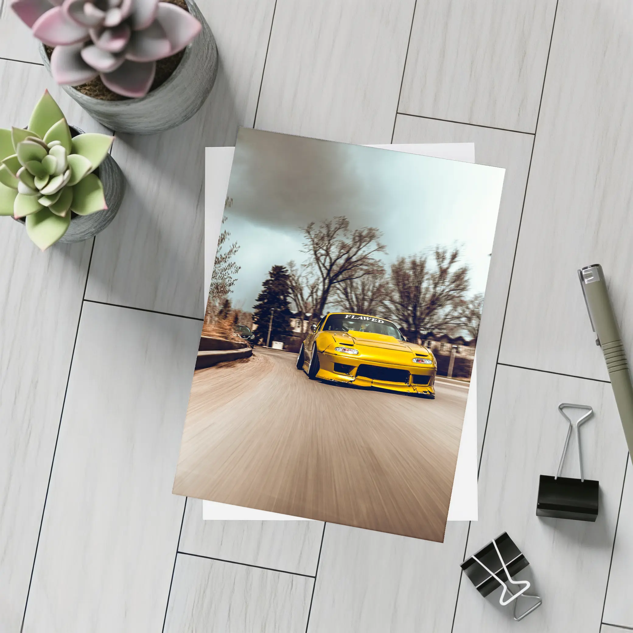Yellow Mazda RX-7 Racing Through City Street – Postcards