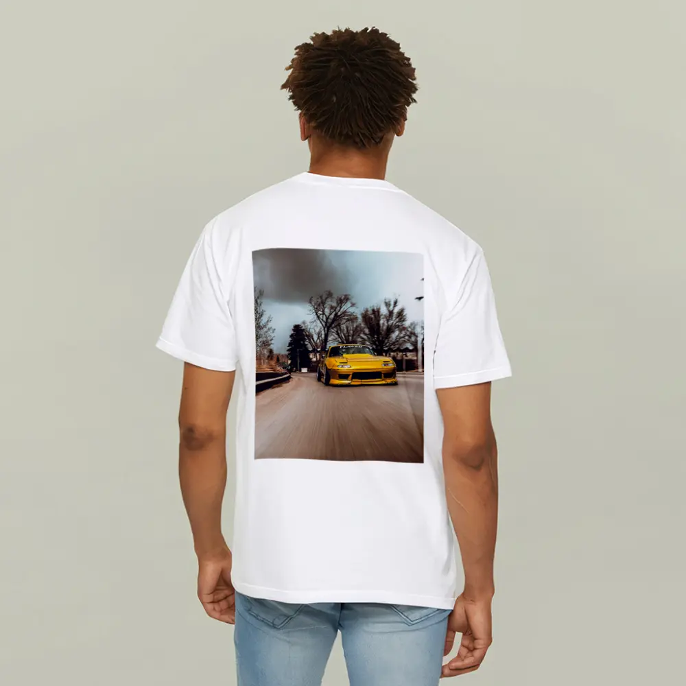 Yellow Mazda RX-7 Racing Through City Street – T-Shirts