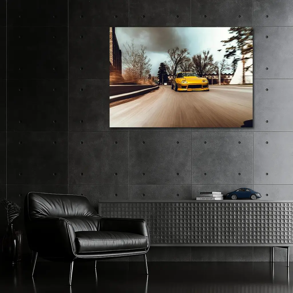 Yellow Mazda RX-7 Racing Through City Street – Wall Art