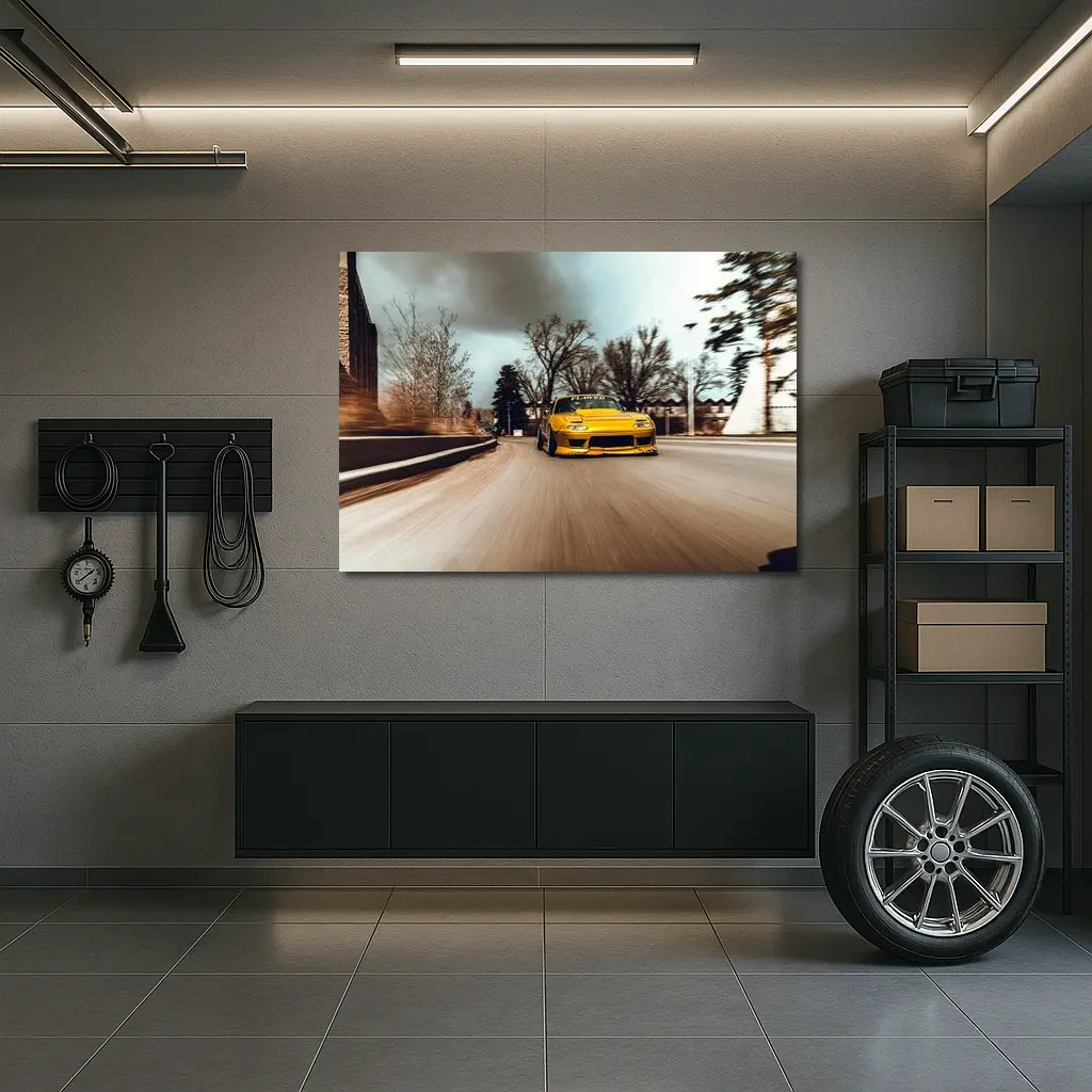 Yellow Mazda RX-7 Racing Through City Street – Wall Art