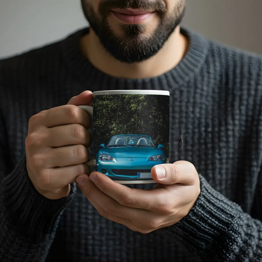 Mazda MX5 Teal Roadster Forest Background – Mugs