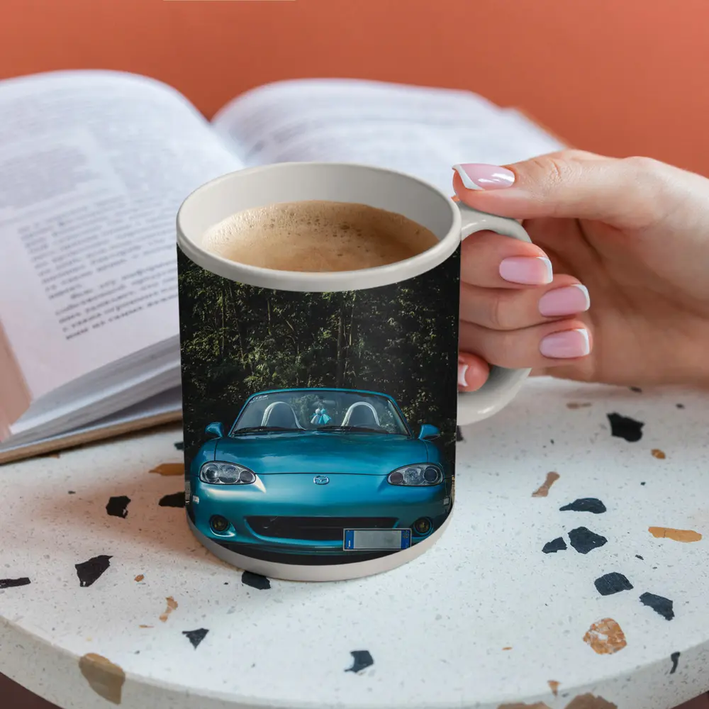 Mazda MX5 Teal Roadster Forest Background – Mugs