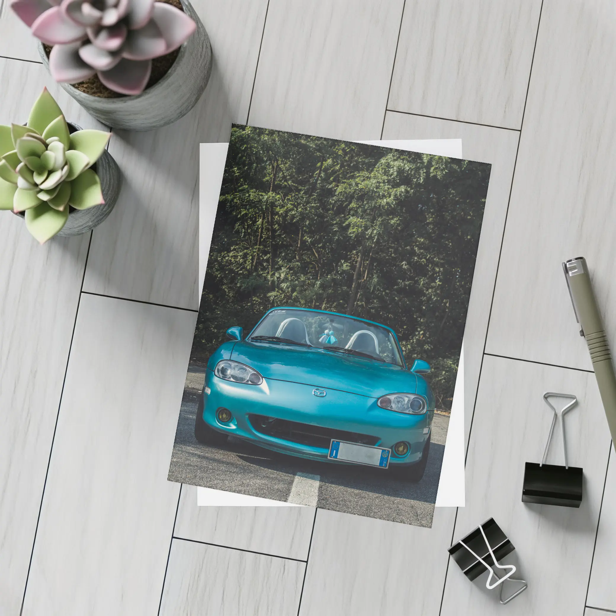 Mazda MX5 Teal Roadster Forest Background – Postcards