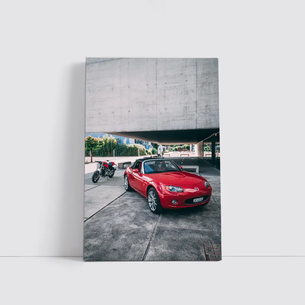 Red Mazda MX-5 Parked Near Concrete Structure – Wall Art