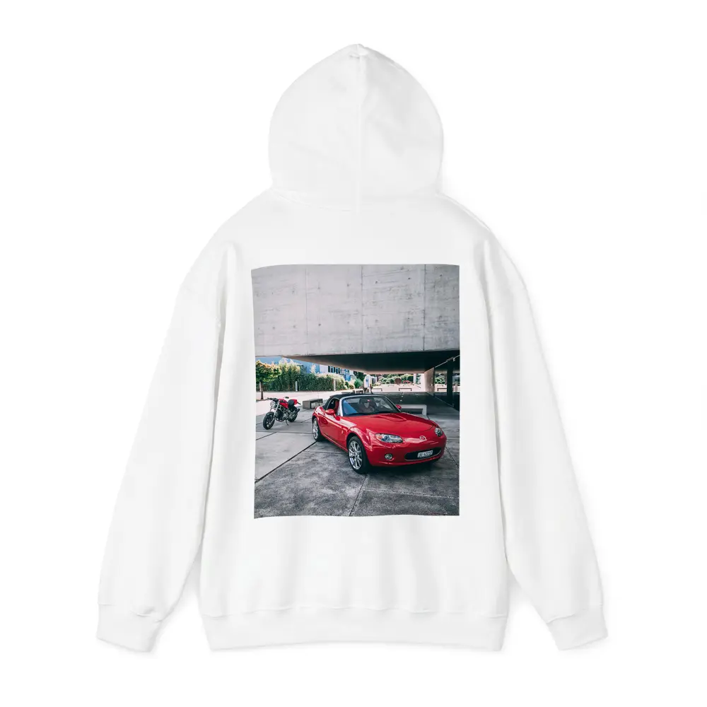 Red Mazda MX5 Parked Near Concrete Structure – Hoodies