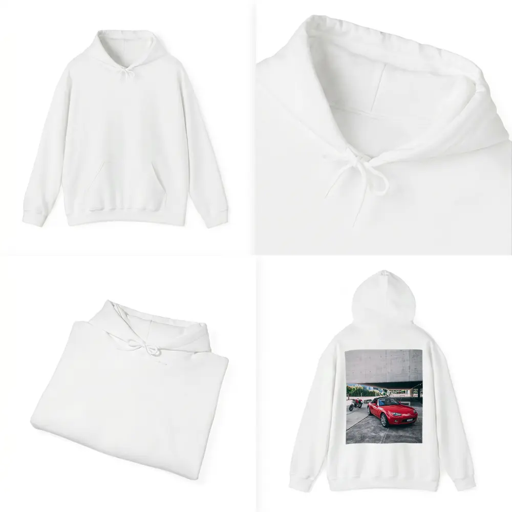 Red Mazda MX5 Parked Near Concrete Structure – Hoodies