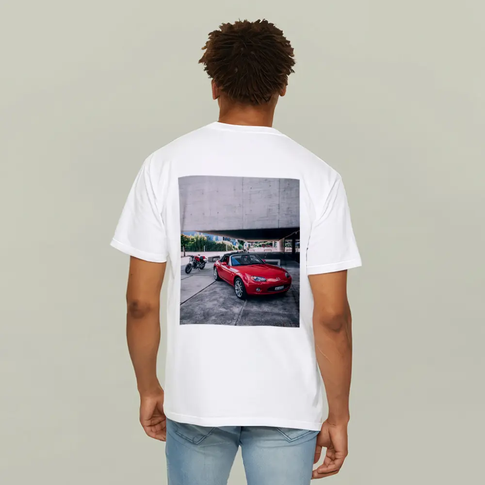 Red Mazda MX5 Parked Near Concrete Structure – T-Shirts