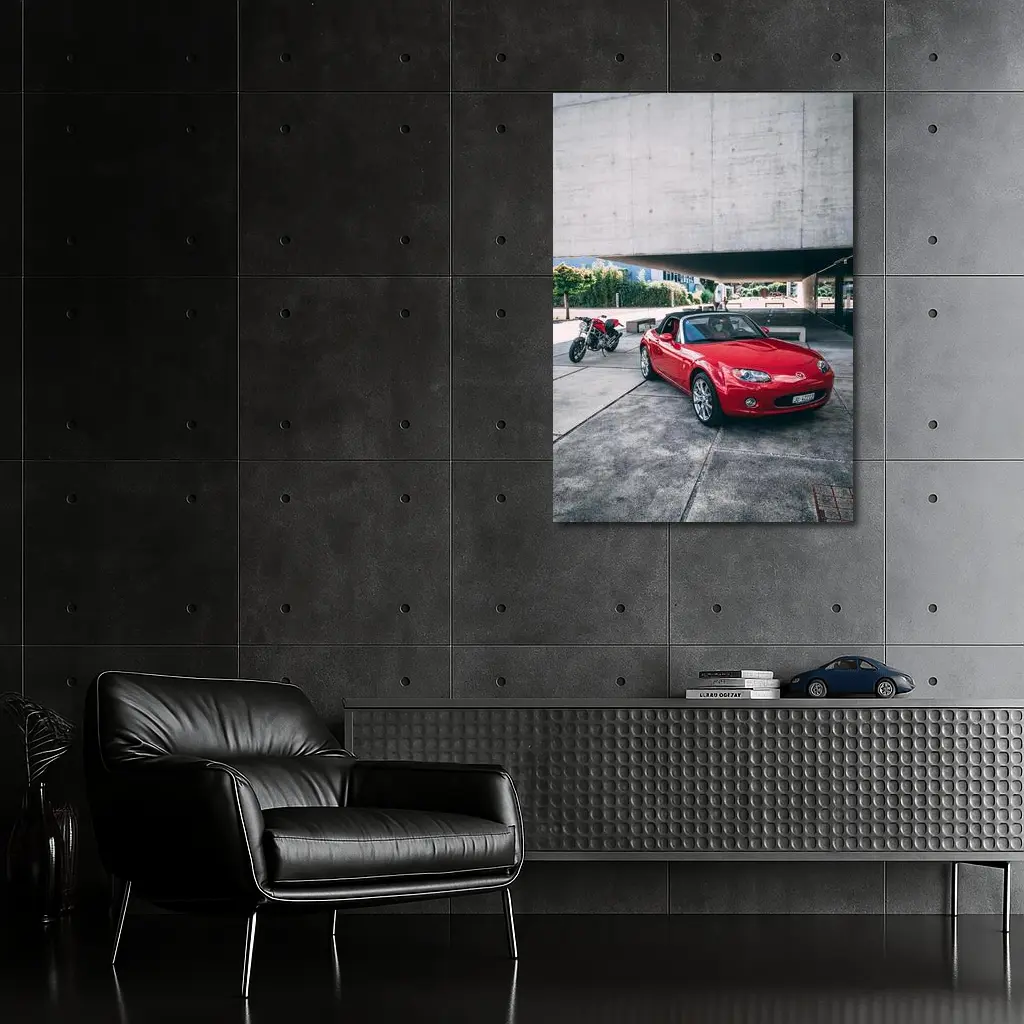 Red Mazda MX-5 Parked Near Concrete Structure – Wall Art