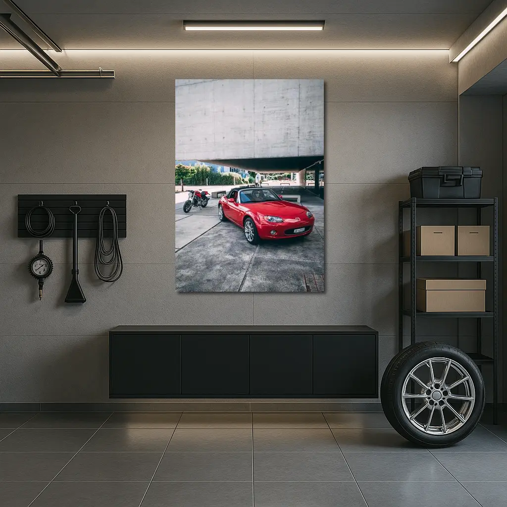 Red Mazda MX-5 Parked Near Concrete Structure – Wall Art