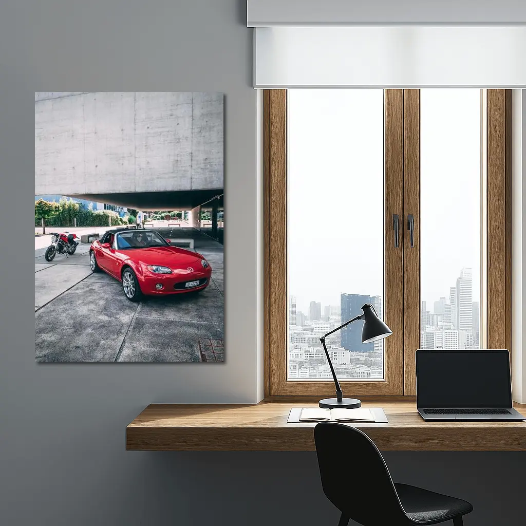 Red Mazda MX-5 Parked Near Concrete Structure – Wall Art