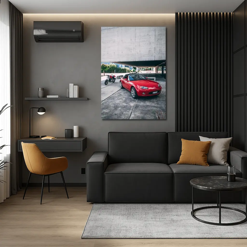 Red Mazda MX-5 Parked Near Concrete Structure – Wall Art