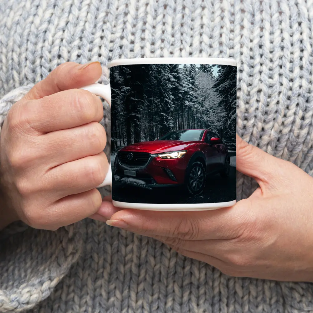 Mazda CX Red SUV Snowy Forest Night – Mugs