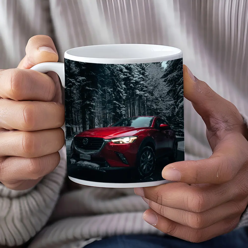 Mazda CX Red SUV Snowy Forest Night – Mugs