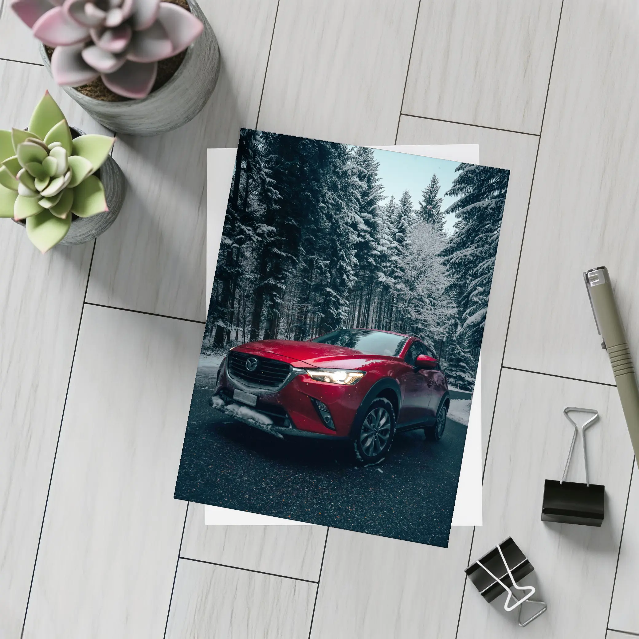 Mazda CX Red SUV Snowy Forest Night – Postcards