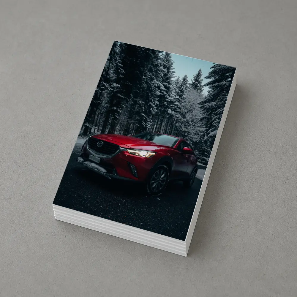 Mazda CX Red SUV Snowy Forest Night – Postcards