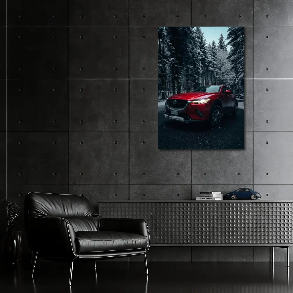Mazda CX Red SUV Snowy Forest Night – Wall Art