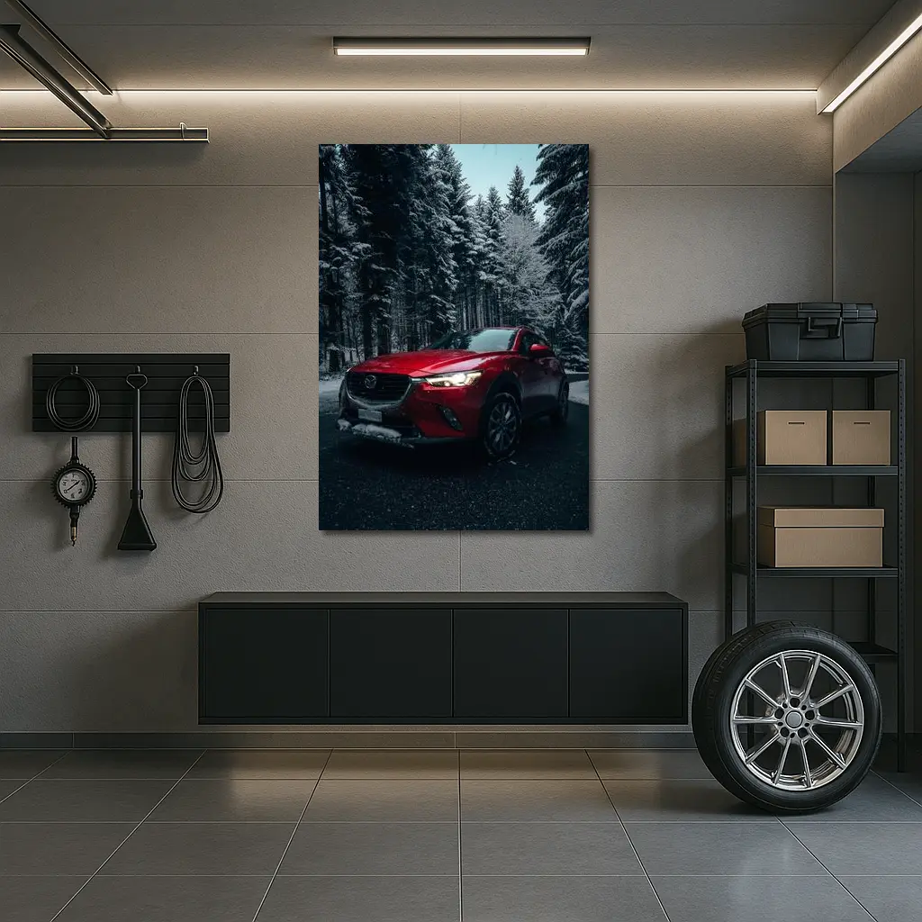 Mazda CX Red SUV Snowy Forest Night – Wall Art