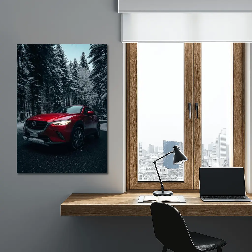 Mazda CX Red SUV Snowy Forest Night – Wall Art