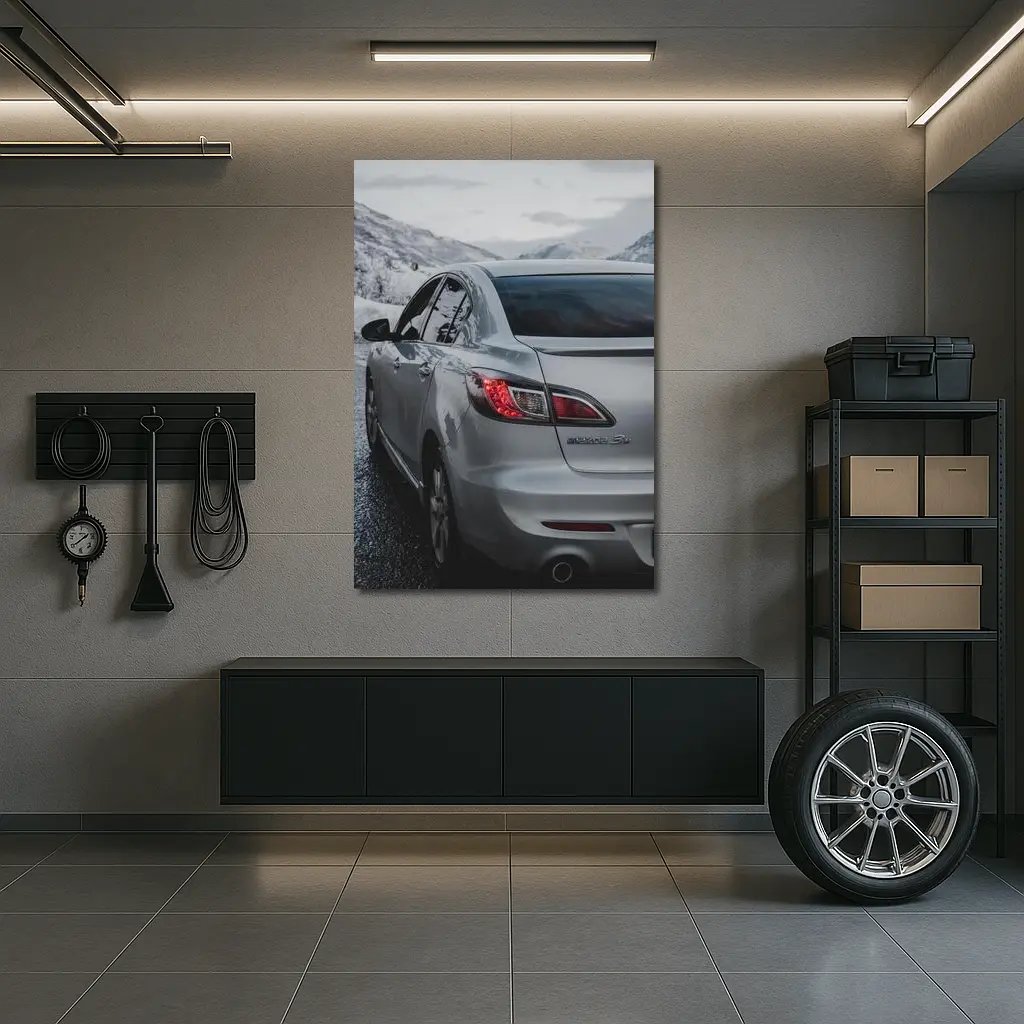 Mazda Three Sedan Silver Winter Mountain Road – Wall Art