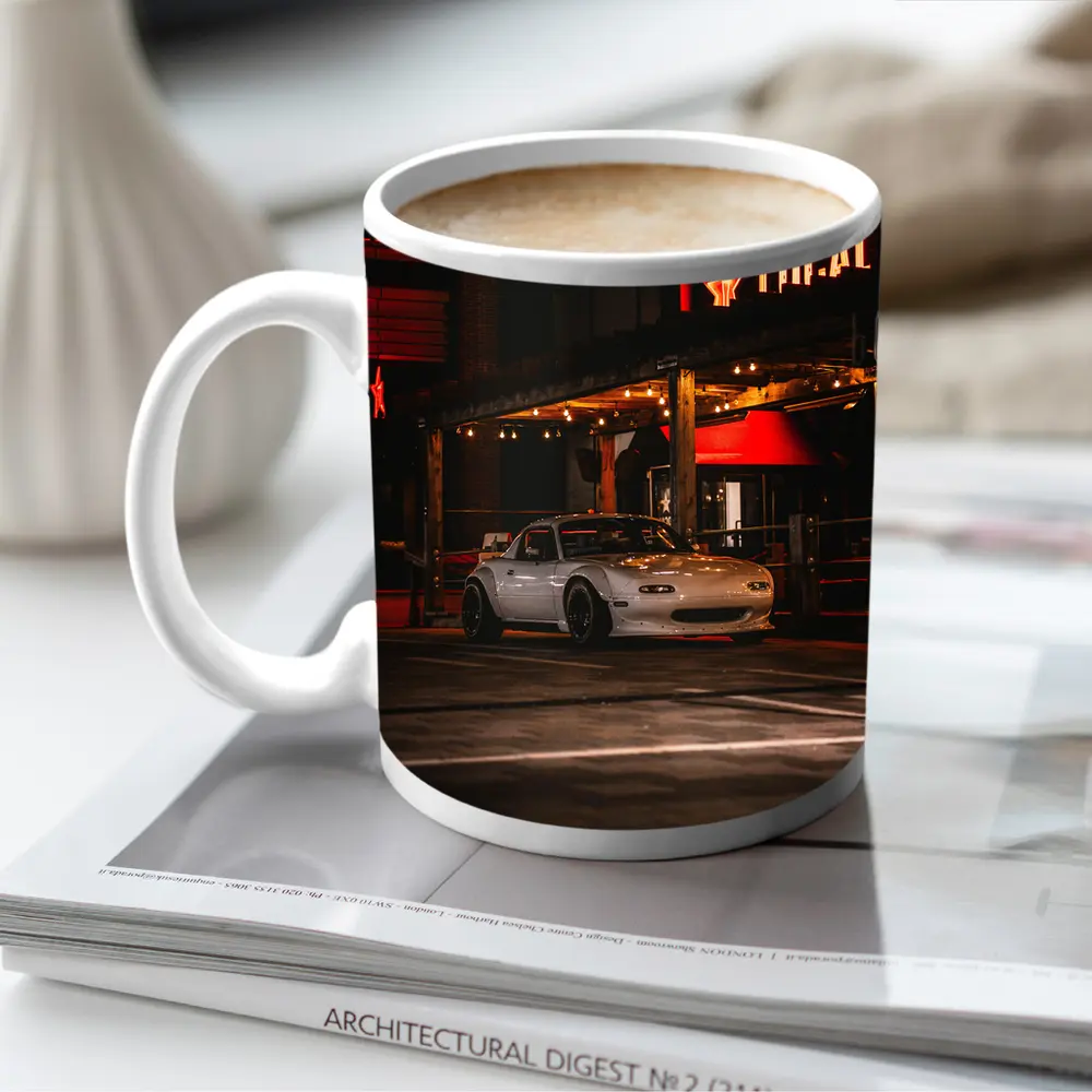 Mazda MX-5 Parked Outside Neon Bar Night – Mugs