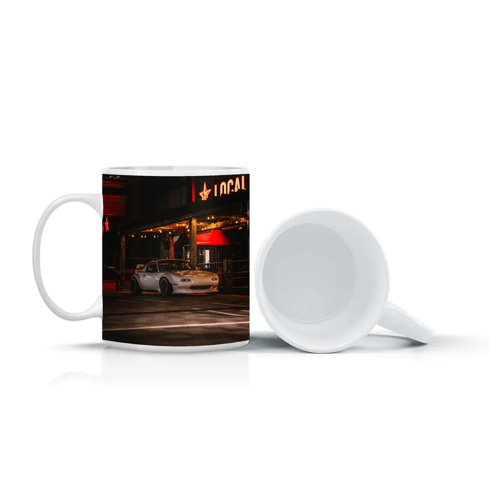 Mazda MX-5 Parked Outside Neon Bar Night – Mugs