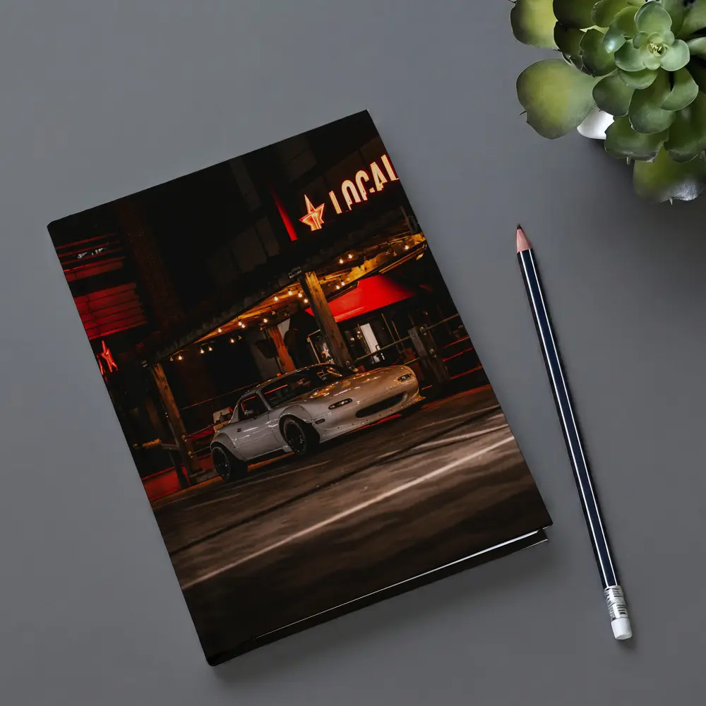 Mazda MX-5 Parked Outside Neon Bar Night – Notebooks