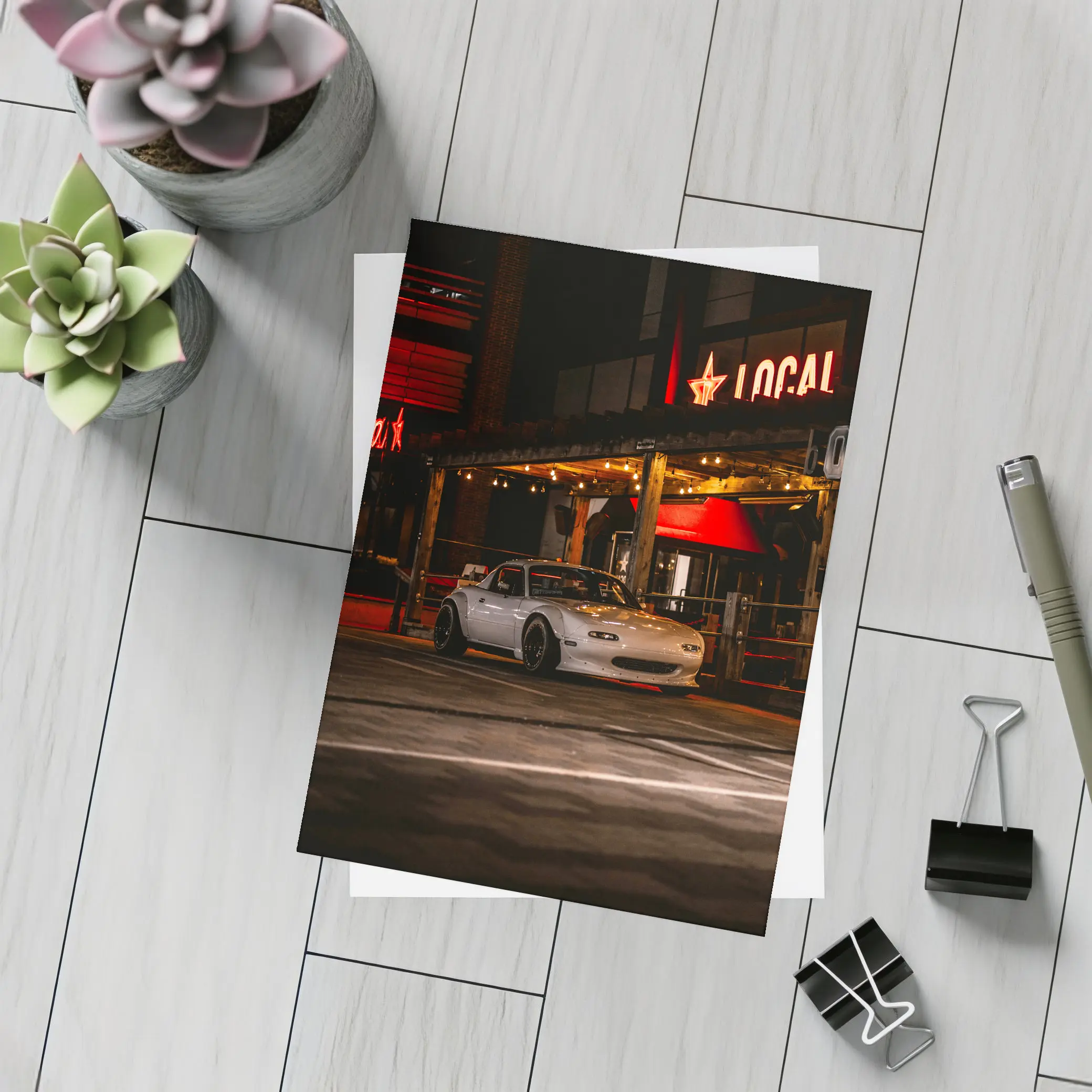 Mazda MX-5 Parked Outside Neon Bar Night – Postcards