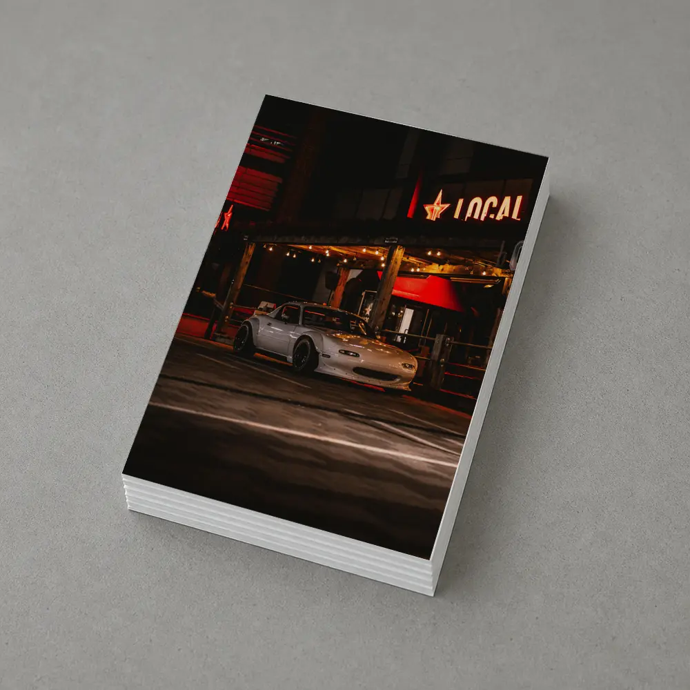 Mazda MX-5 Parked Outside Neon Bar Night – Postcards