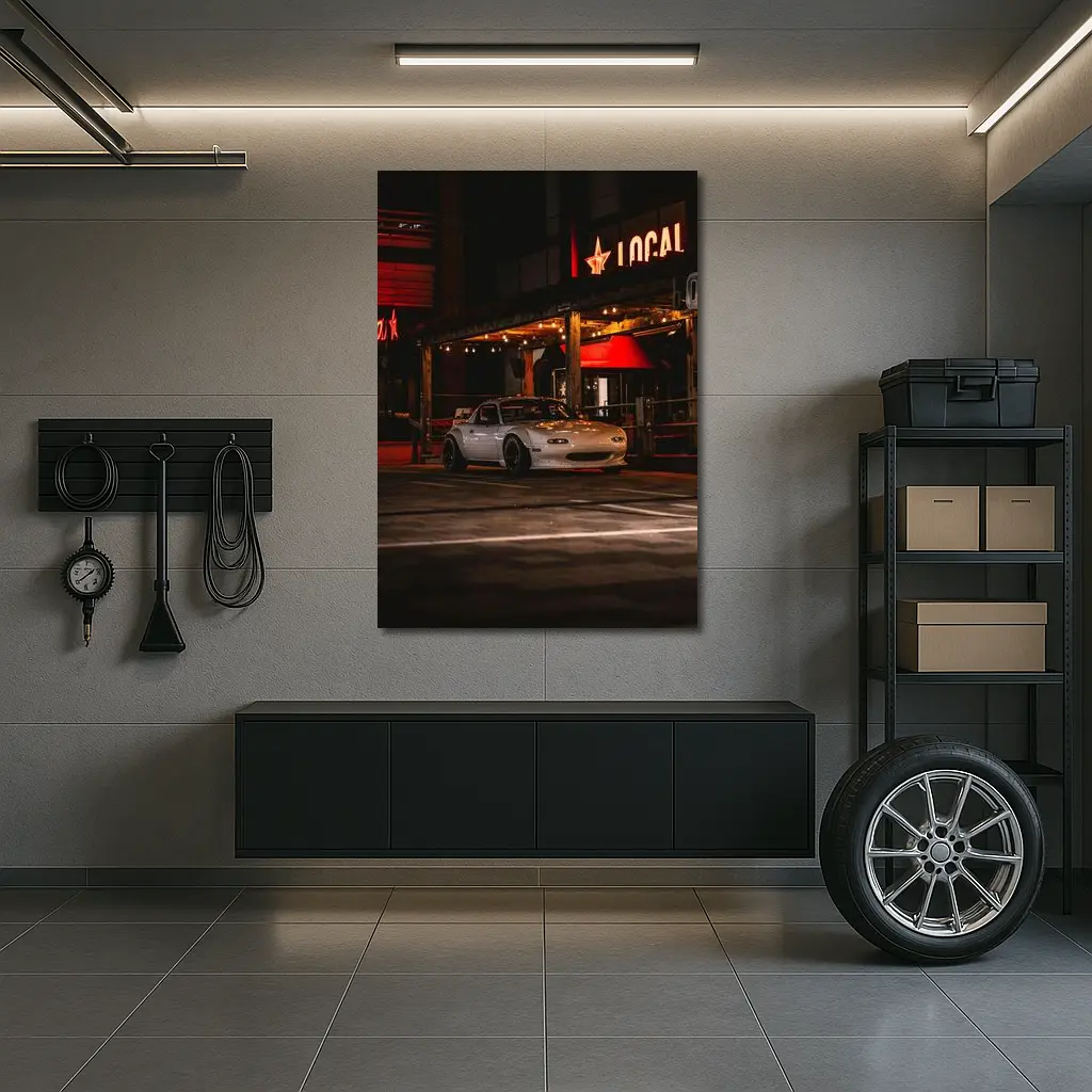 Mazda MX-5 Parked Outside Neon Bar Night – Wall Art