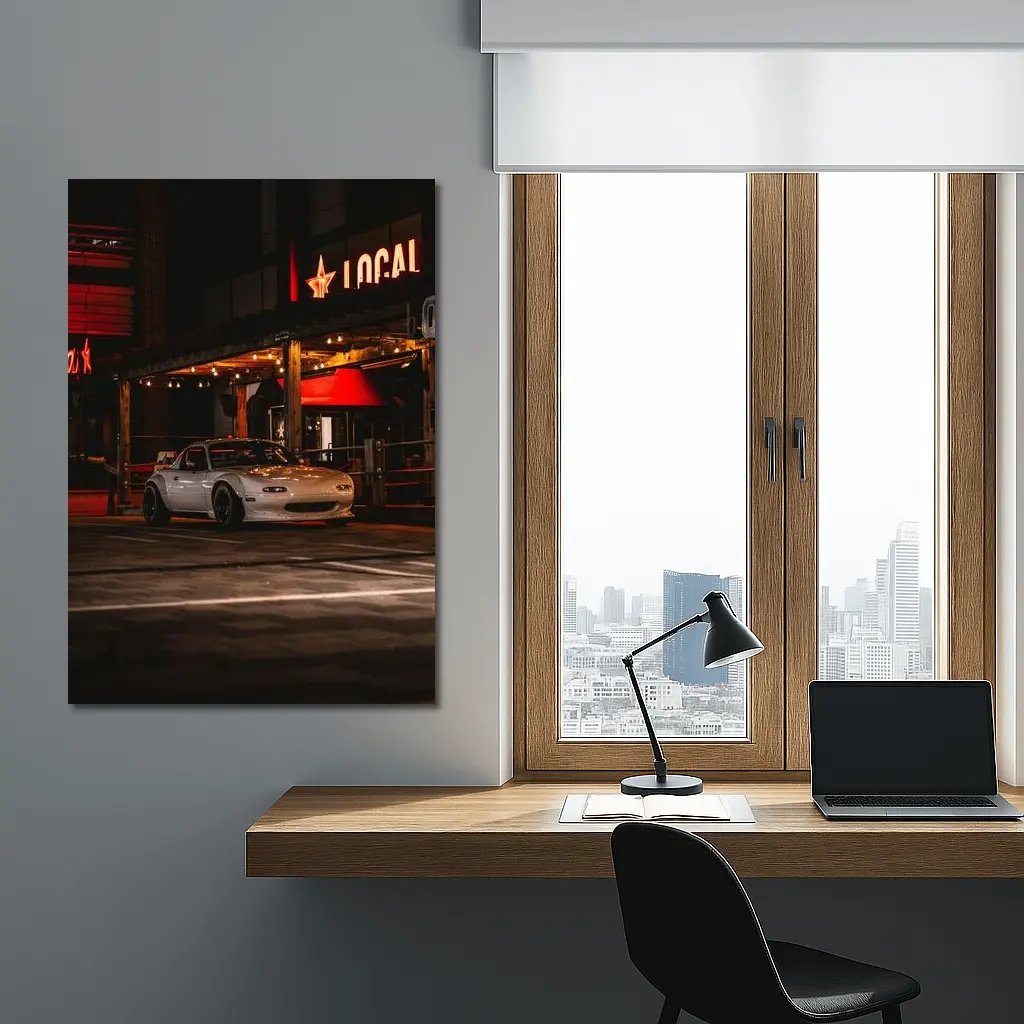Mazda MX-5 Parked Outside Neon Bar Night – Wall Art