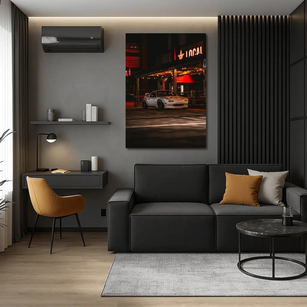Mazda MX-5 Parked Outside Neon Bar Night – Wall Art