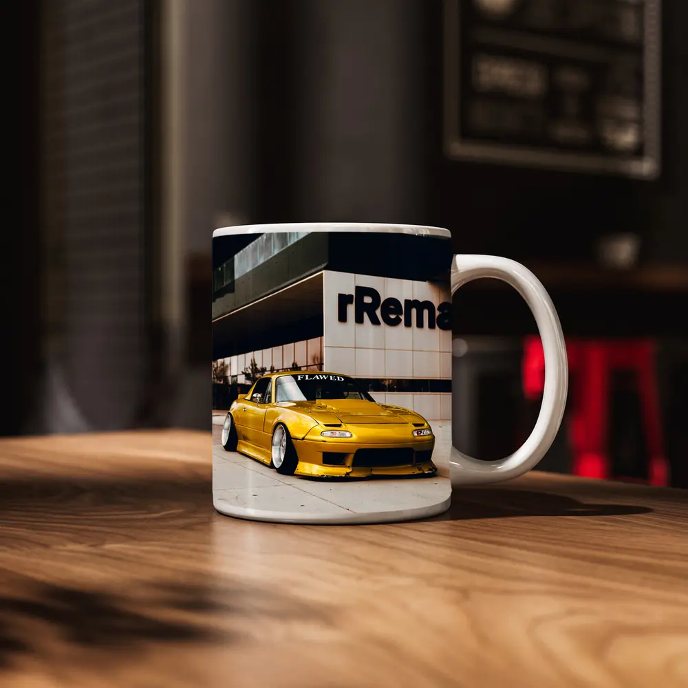 Yellow Mazda MX5 Slammed Street Night – Mugs