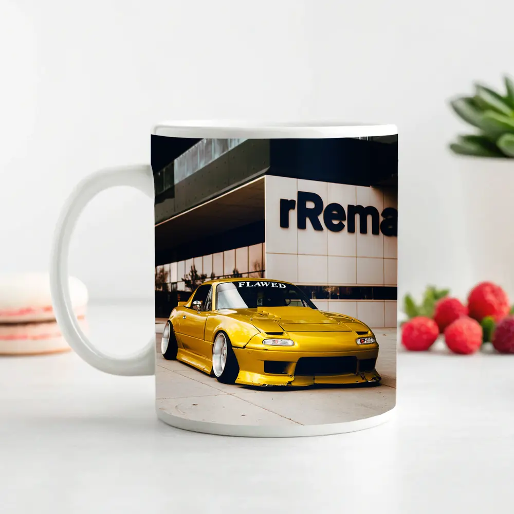 Yellow Mazda MX5 Slammed Street Night – Mugs
