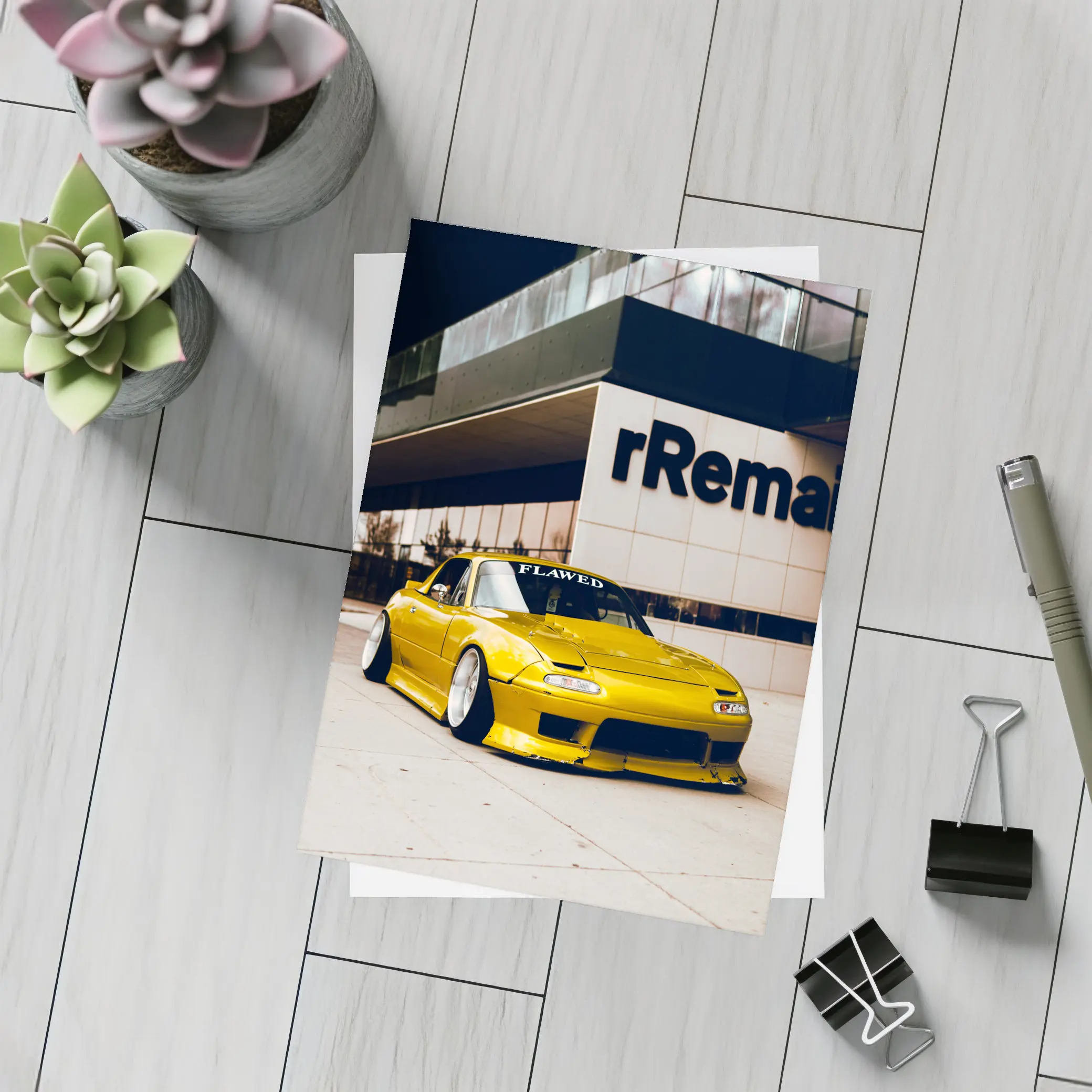 Yellow Mazda MX5 Slammed Street Night – Postcards