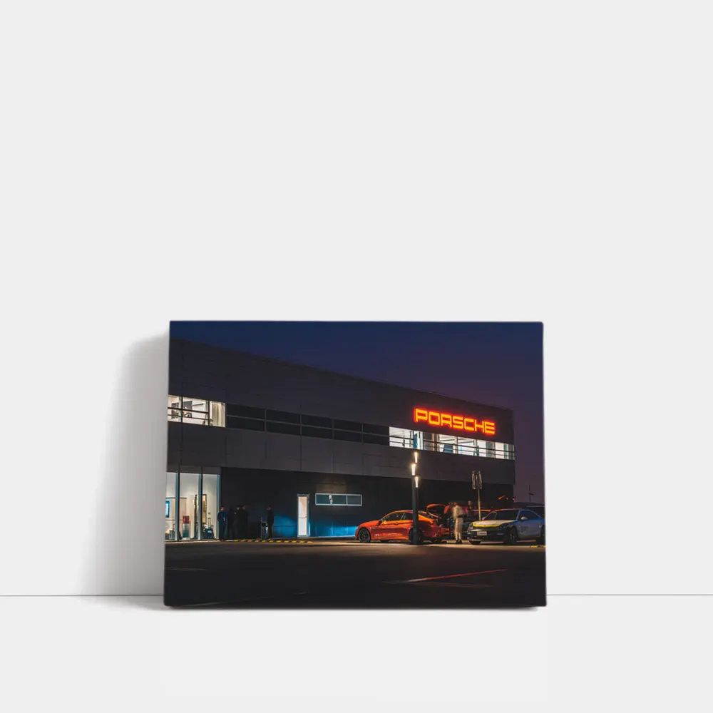 Porsche Dealership Glowing Sign Night Scene – Wall Art