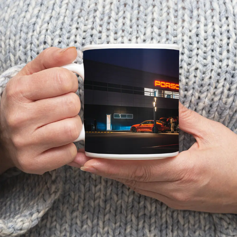 Porsche Dealership Glowing Sign Night Scene – Mugs