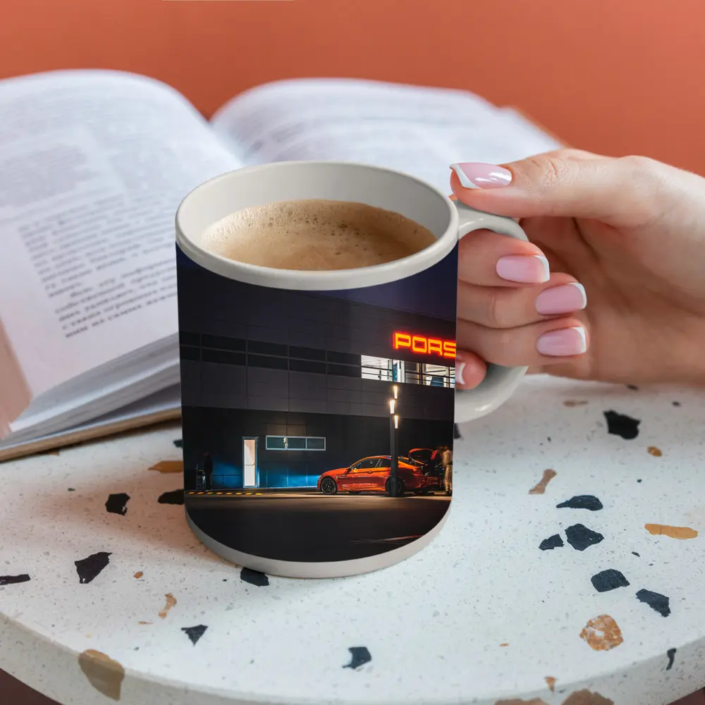 Porsche Dealership Glowing Sign Night Scene – Mugs