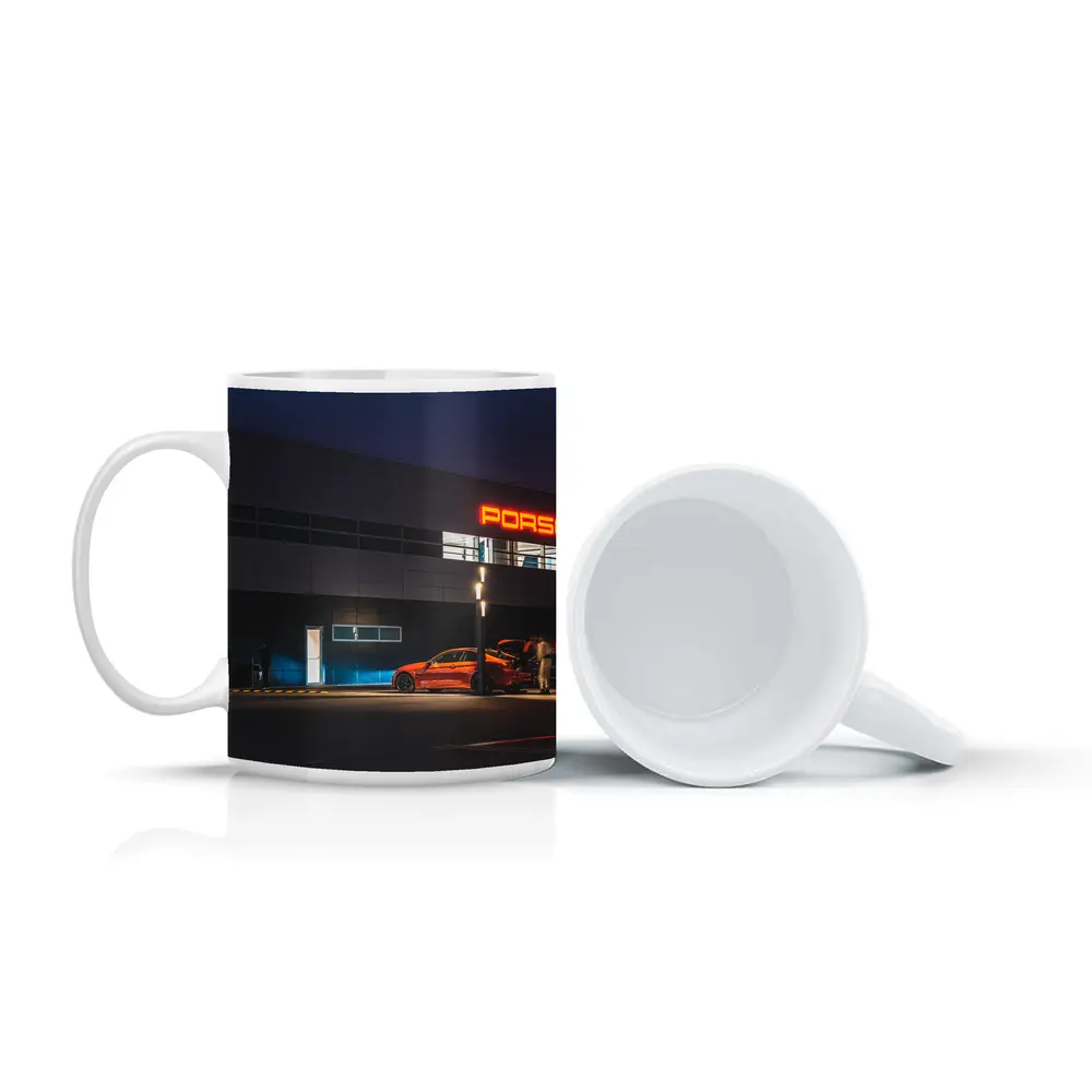 Porsche Dealership Glowing Sign Night Scene – Mugs