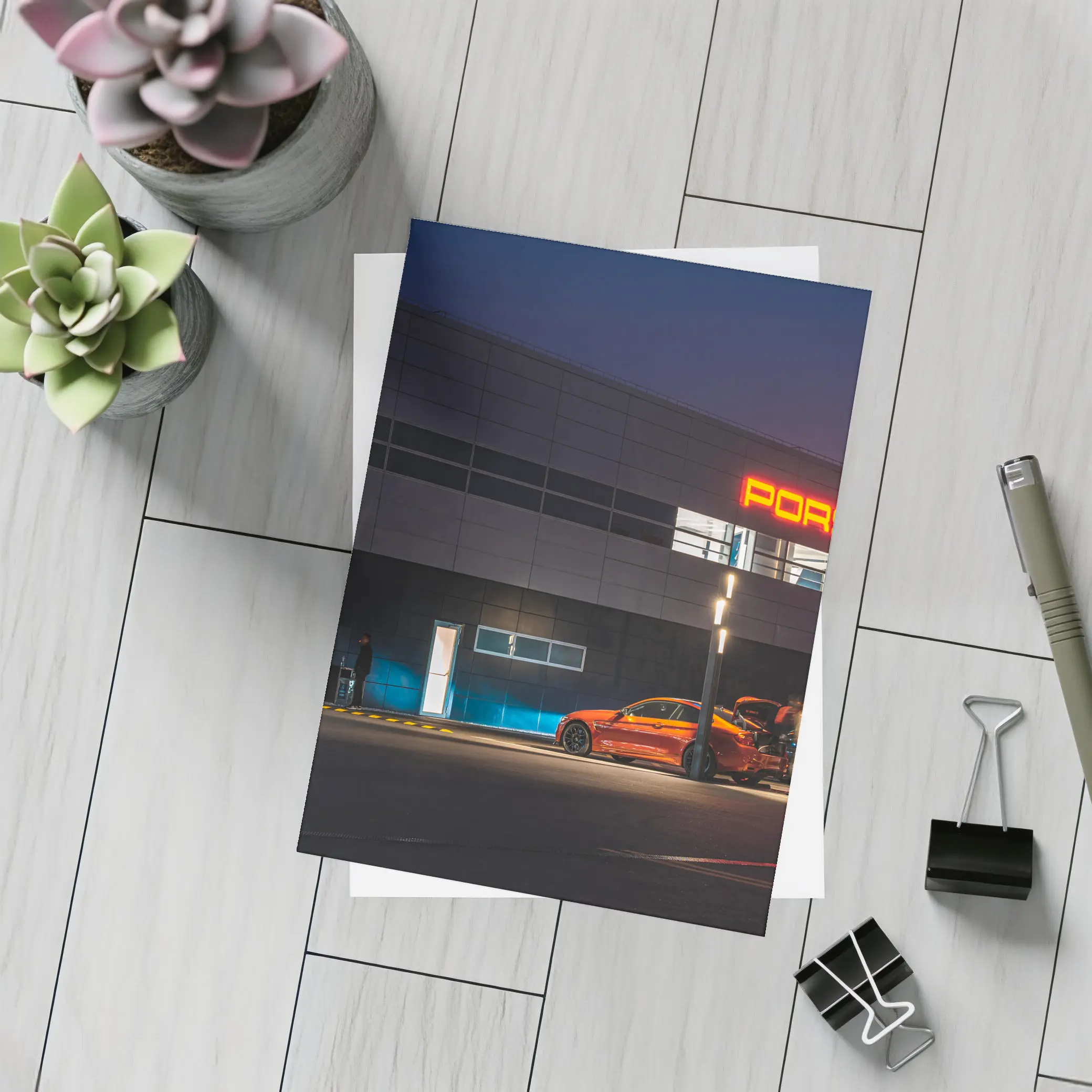 Porsche Dealership Glowing Sign Night Scene – Postcards