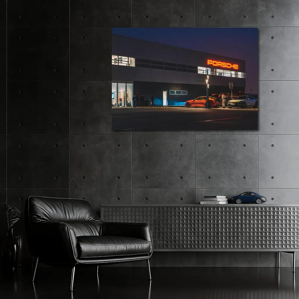 Porsche Dealership Glowing Sign Night Scene – Wall Art
