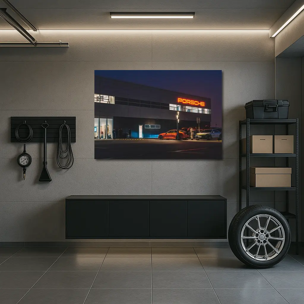 Porsche Dealership Glowing Sign Night Scene – Wall Art