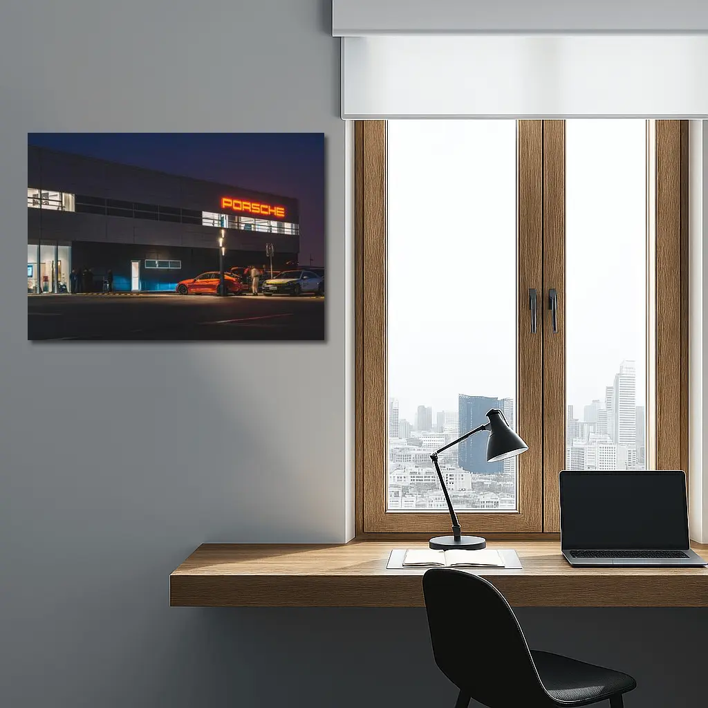 Porsche Dealership Glowing Sign Night Scene – Wall Art
