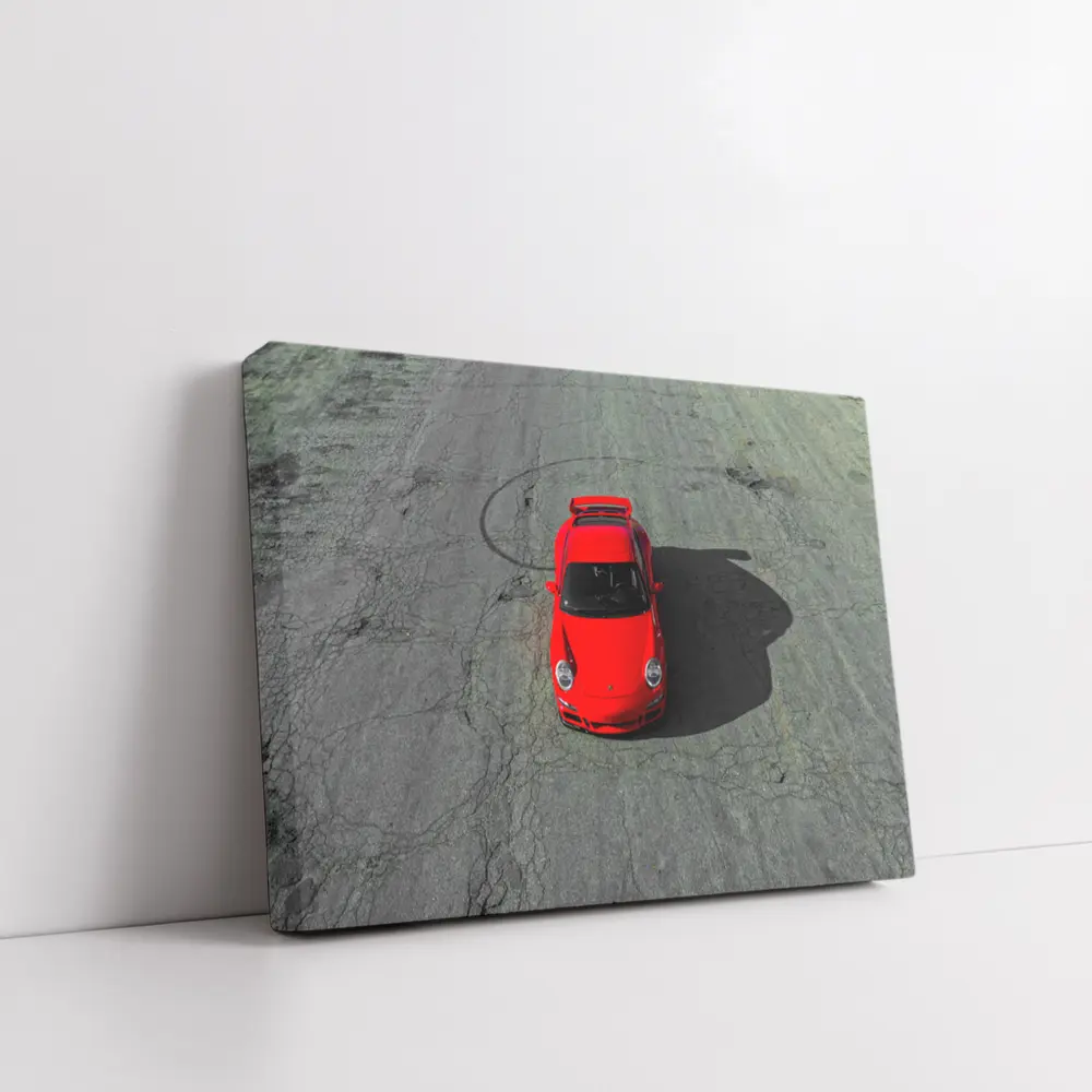 Red Porsche 911 Aerial View Cracked Asphalt – Wall Art